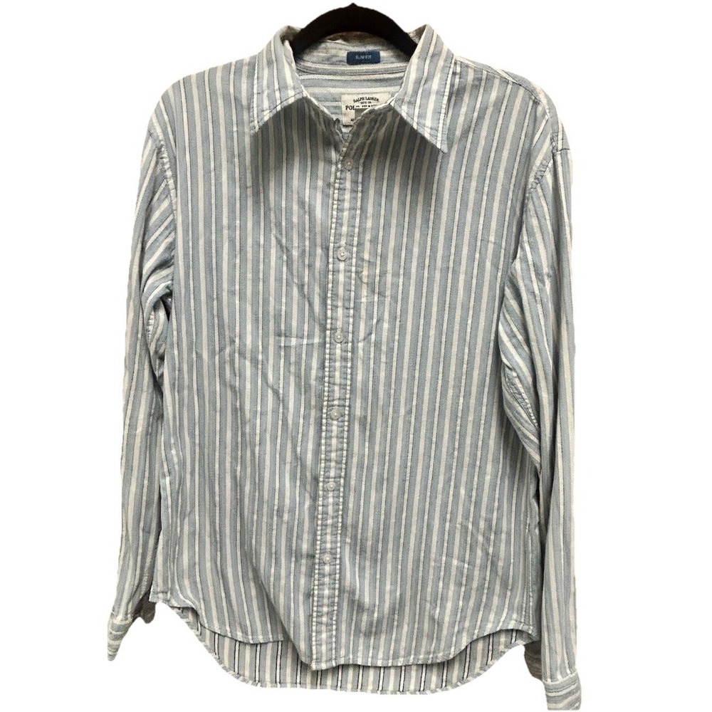 Ralph Lauren Polo Jean Company Blue Gray Striped Cotton Slim Fit Casual Shirt M